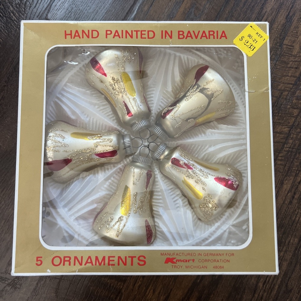 Vintage S.S. Kresge Kmart Hand Painted In Bavaria Set Of 5 Ornaments Bells MCM